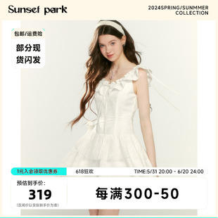 White SunsetPark日落公园 Dress原创小飞袖 绑带白色提花连衣裙