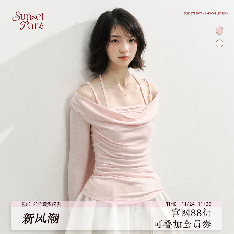 SunsetPark Daily/日落公园 粉/白串珠挂脖假两件舒适感长袖T恤秋