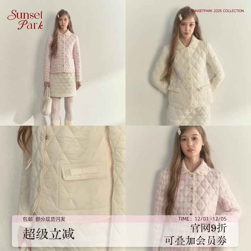 SunsetPark Daily/日落公园 奶油双面穿菱格娃娃领内胆上衣半裙冬
