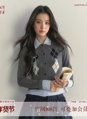 SunsetPark日落公园 复古假两件拼接衬衫菱格学院风针织毛衣上衣