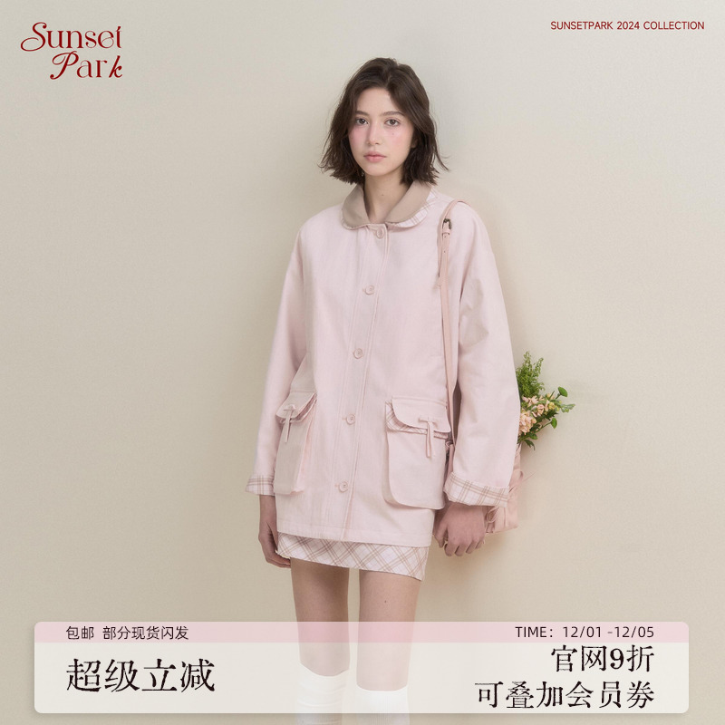 SunsetPark日落公园  樱粉粉格双面穿_少女学院感_春日风衣外套女