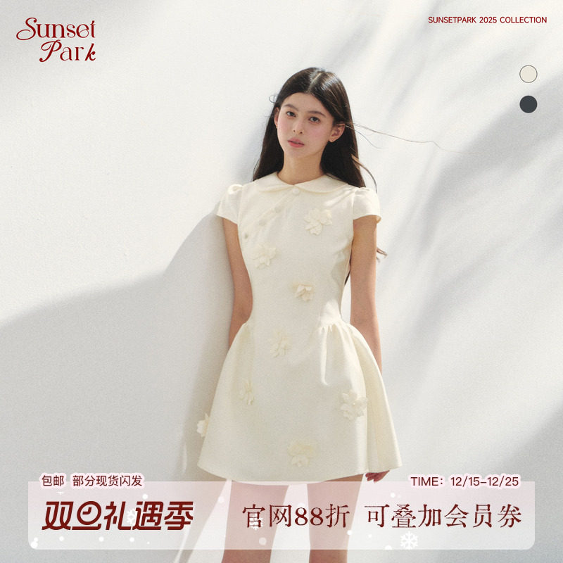 SunsetPark日落公园 娃娃领立体花少女千金感旗袍裙蓬蓬裙连衣裙