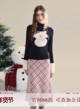 SunsetPark日落公园 雪人系列原创拼接水貂毛半高领黑色修身毛衣
