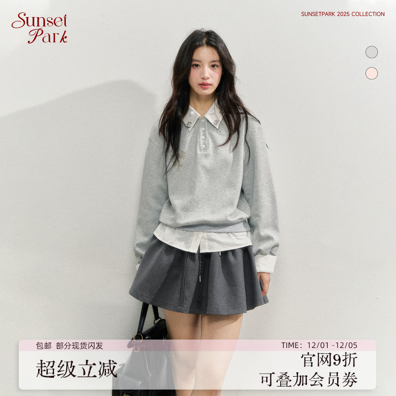 SunsetPark日落公园 原创灰粉立体玫瑰_水钻领假两件卫衣上衣秋