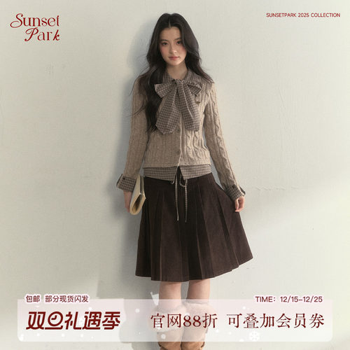 SunsetPark日落公园 复古蝴蝶结领麻花针织拼接棕/灰色学院风毛衣