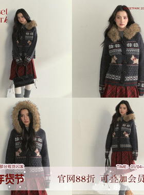 SunsetPark日落公园 深灰复古费尔岛小狗大毛领加厚针织毛衣外套