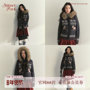 SunsetPark日落公园 深灰复古费尔岛小狗大毛领加厚针织毛衣外套