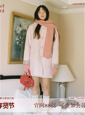 SunsetPark日落公园 粉色格纹拼接牛角扣大衣春季呢大衣女装外套