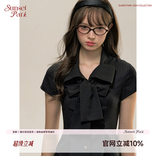 襯衫 SunsetPark日落公園 藝術(shù)系女孩 黑色條紋學(xué)院蝴蝶領(lǐng)結(jié)短袖