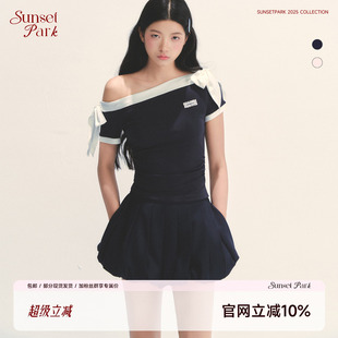 斜肩藏青 粉親膚修身 Daily 顯瘦短袖 上衣T恤 日落公園 SunsetPark