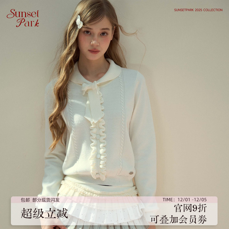 SunsetPark日落公园 森林温暖灰/白木耳花边领结长袖针织毛衣内搭