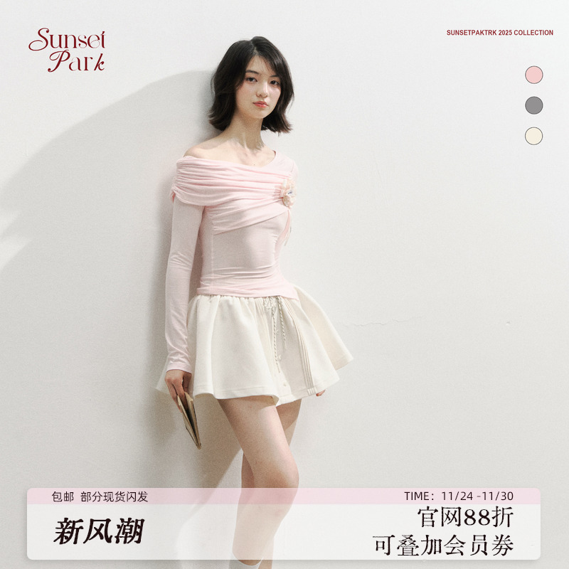 SunsetPark Daily/日落公园 粉/灰/白设计感斜肩量感抽褶长袖T恤
