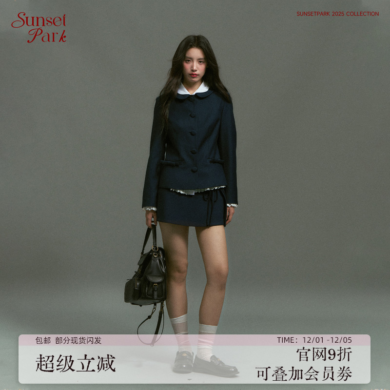 SunsetPark日落公园 暮蓝学院乖乖女复古娃娃领西装/假两件半裙秋