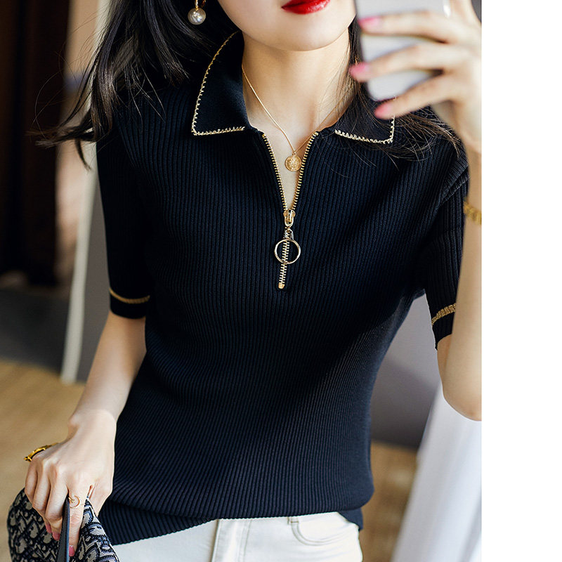 小香风polo衫女 2020夏季新款冰丝针织衫上衣短袖翻领拉链黑色t恤