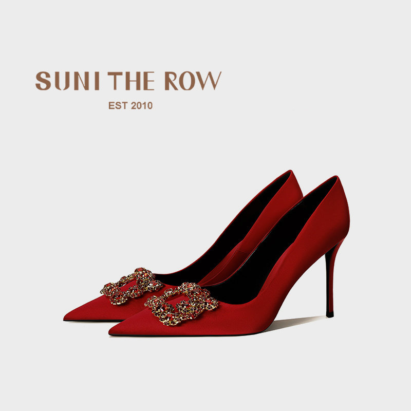 SUNI  绸缎浅口红色高跟鞋女RV水钻方扣婚鞋尖头细跟婚纱秀禾单鞋