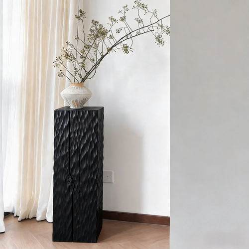 侘寂风碳化黑实木方形木墩花架