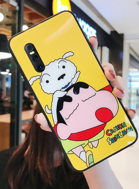 vivox27手机壳女玻璃ins蜡笔小新vivo全包边vivix硅胶vovix防摔viovx情侣卡通可爱x27pro适用网红p保护套por