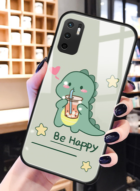 绿色恐龙红米note10手机壳玻璃note9pro卡通可爱note8趣味网红4g版5g男女新款8a硅胶ins风9a保护套redmi适用
