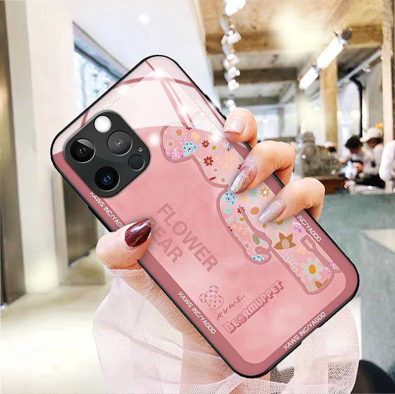 碎花侧边熊适用苹果13手机壳iphone11promax新款12mini保护套xsmax玻璃硅胶xr高级78plus男se2女5情侣6splus