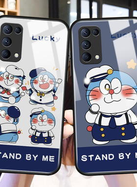 叮当猫opporeno5手机壳可爱reno4se潮牌玻璃pro+硅胶卡通proplus防摔适用oppoa93网红女生a55动漫新款保护套