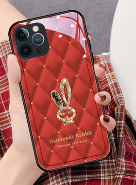 钻石红兔适用苹果14手机壳新款iphone13promax新年时尚12mini红色11玻璃xsmax硅胶xr女se3男78plus保护套6sp