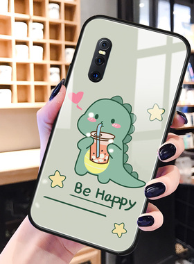 绿色恐龙vivox50手机壳玻璃x30pro卡通可爱x27适用网红x21i男女生新款x21s硅胶ins风ud屏幕后置指纹por保护套