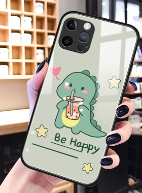 绿色恐龙苹果13手机壳玻璃iphone12promax卡通可爱mini适用网红ipone十二三pm男女新款pro硅胶ins风por保护套