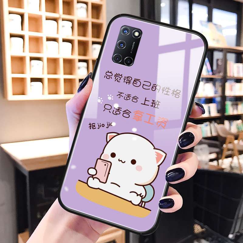 蜜桃猫oppoa52手机壳玻璃a92s紫色适用a83/a1创意卡通a73/a77/a79防摔