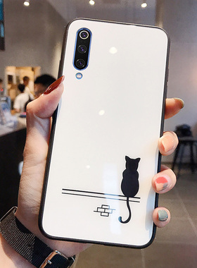 可爱黑猫咪红米K20Pro手机壳玻璃6 pro个性适用6a/7/7a全包边5plus情侣网红卡通简约note5/7男女款保护套K20