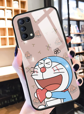 叮当猫opporeno5手机壳卡通reno4se情侣秀恩爱pro+可爱适用proplus玻璃硅胶oppoa93网红男女生a55新款保护套