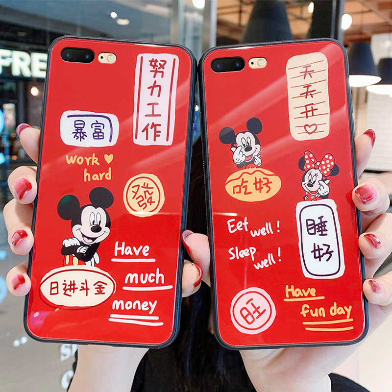 ins卡通插画苹果8plus手机壳女玻璃iphone7情侣秀恩爱5s创意p防摔6s适用可爱ipone网红i6p七八ip保护套男puls