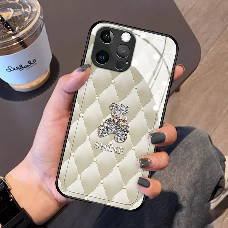 菱纹钻石熊苹果13手机壳新款iphone11promax适用12mini网红xsmax玻璃xr高级5女se2简约78plus保护套6splus外