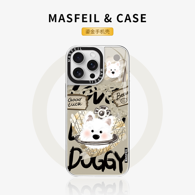 MASFEIL × 爱心西高地适用iPhone16Promax手机壳新款磁吸带支架苹果15Pro鎏金保护套13pm高级感创意ip14小众