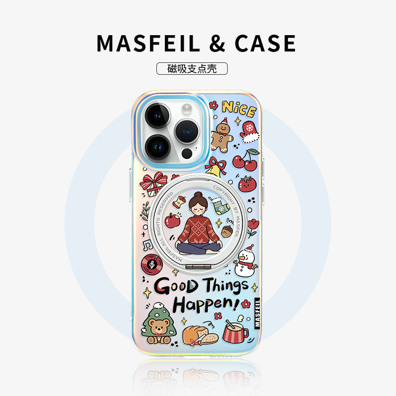 MASFEIL × 快乐冥想联名适用苹果16Promax手机壳新款Lo5磁吸带支架iPhone15Pro保护套14支点高级感13pm艺术