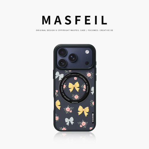MASFEIL × 玫瑰蝶结适用苹果17promax手机壳iPhone18pro新款磁吸带支架ip16全包Fo5支点高级感15好看潮牌女