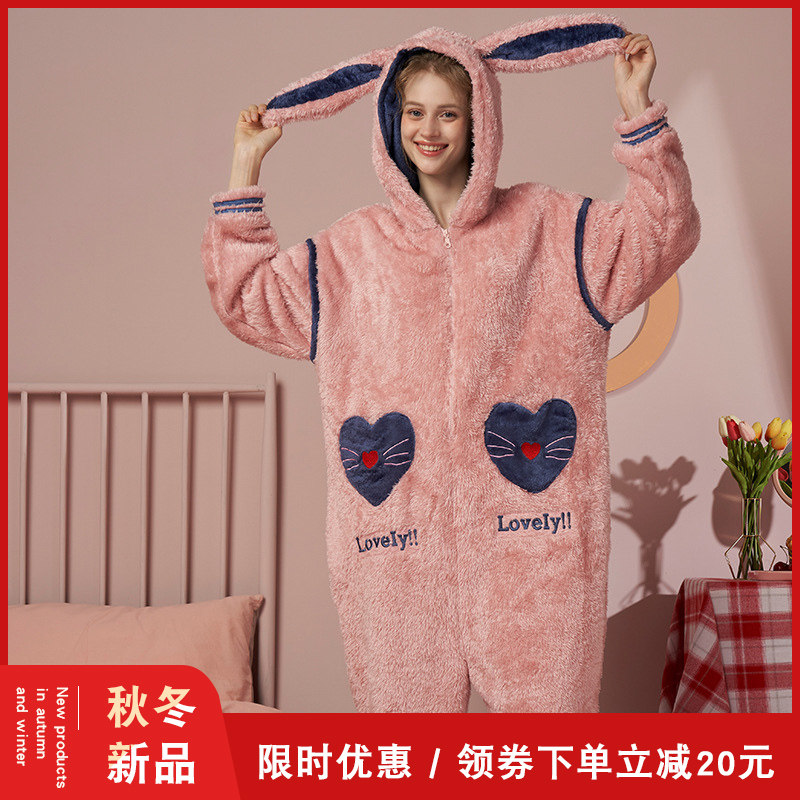 兔耳朵连体睡衣女秋冬珊瑚绒可爱学生卡通睡衣连帽大码冬季家居服