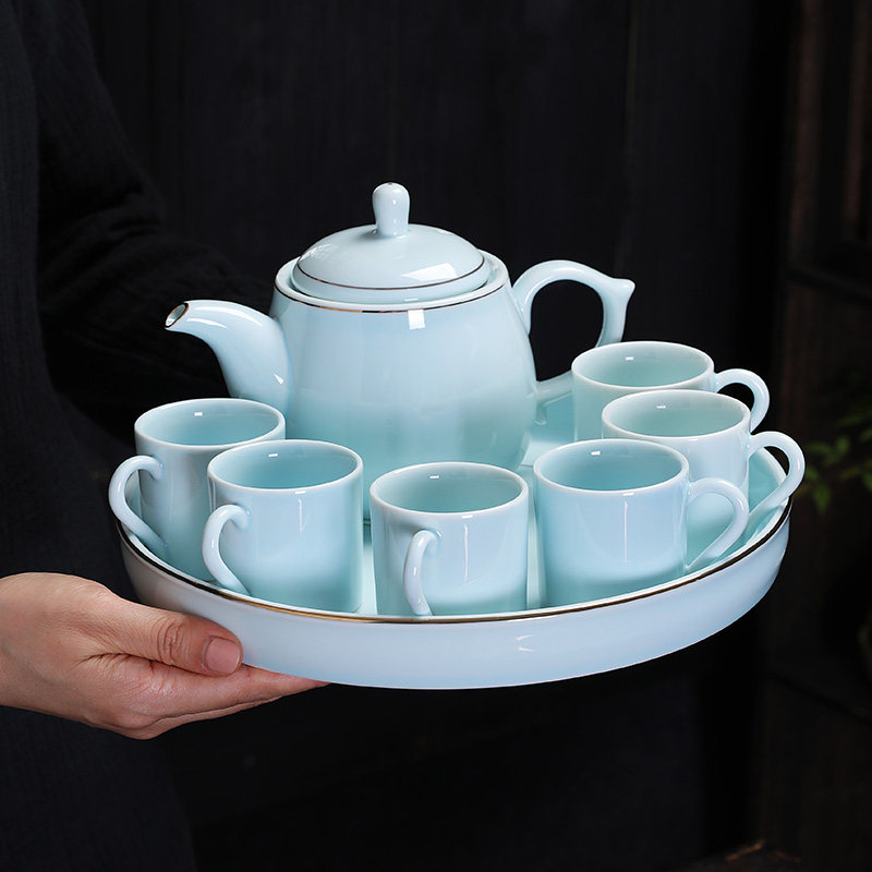 青瓷茶具套装家用简约整套轻奢中式功夫茶壶带把茶杯干泡托盘茶台,餐饮具,功夫茶具,淘宝优惠券,粉丝福利购,淘宝优惠卷