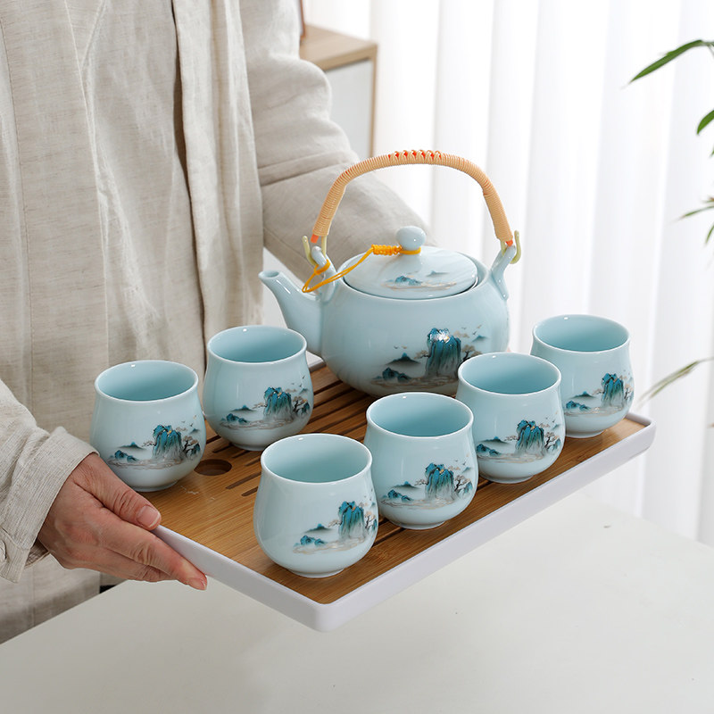 小清新千里江山提梁壶茶具套组陶瓷家用办公简约大号茶壶茶杯整套