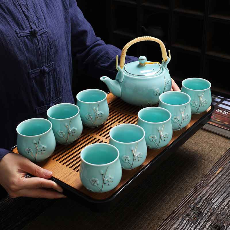 青瓷陶瓷茶壶茶具套装家用简约轻奢复古提梁壶日式功夫泡茶器茶盘,餐饮具,功夫茶具,淘宝优惠券,粉丝福利购,淘宝优惠卷