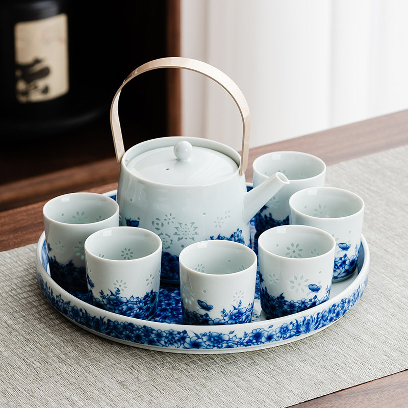 高档青花玲珑茶具套装陶瓷茶盘简约缠枝莲手工镂空提梁壶家用会客