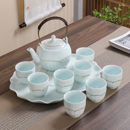 现代简约描金青瓷提梁壶茶具套组高档陶瓷茶壶茶杯茶盘整套礼盒装
