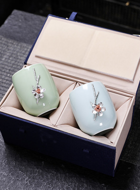 小清新天青主人杯个人专用品茗杯镶嵌少女心情侣对杯青瓷茶礼盒装