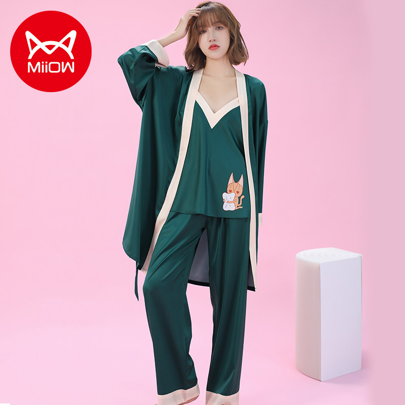 猫人睡衣女夏天冰丝睡袍套装可外穿三件套ins风2022年新款高级感