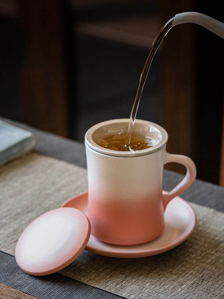 茶杯渐变粉陶瓷杯女士个人专用茶水分离杯办公杯过滤水杯喝茶杯子-封面