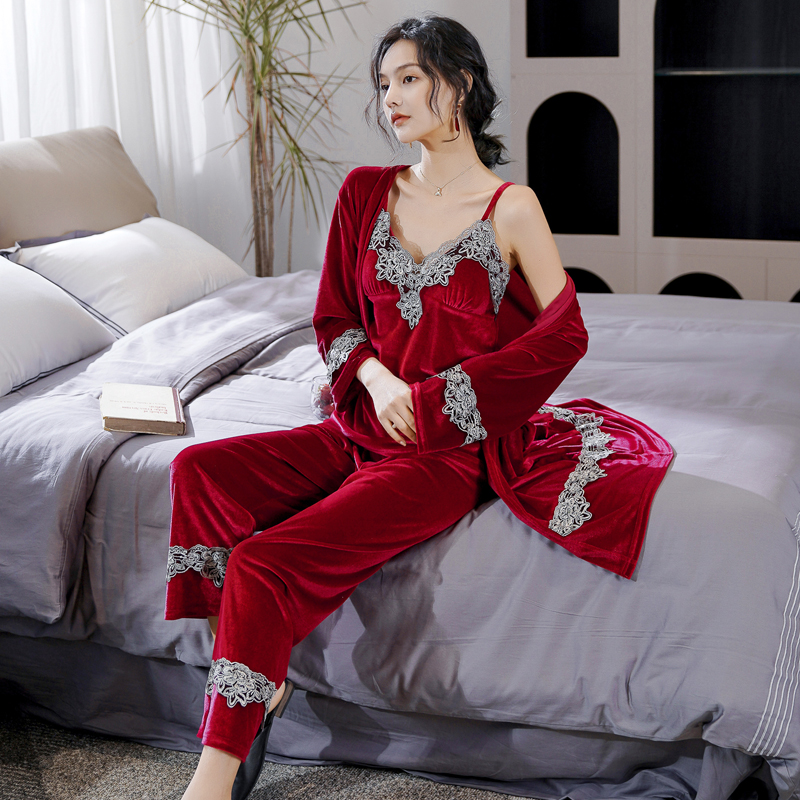 金丝绒睡衣女春秋冬季睡裙胸垫