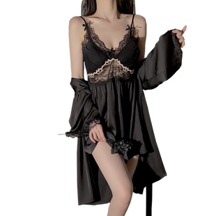 2025年新款睡衣女春夏季性感冰丝镂空吊带胸垫睡裙睡袍套装家居服