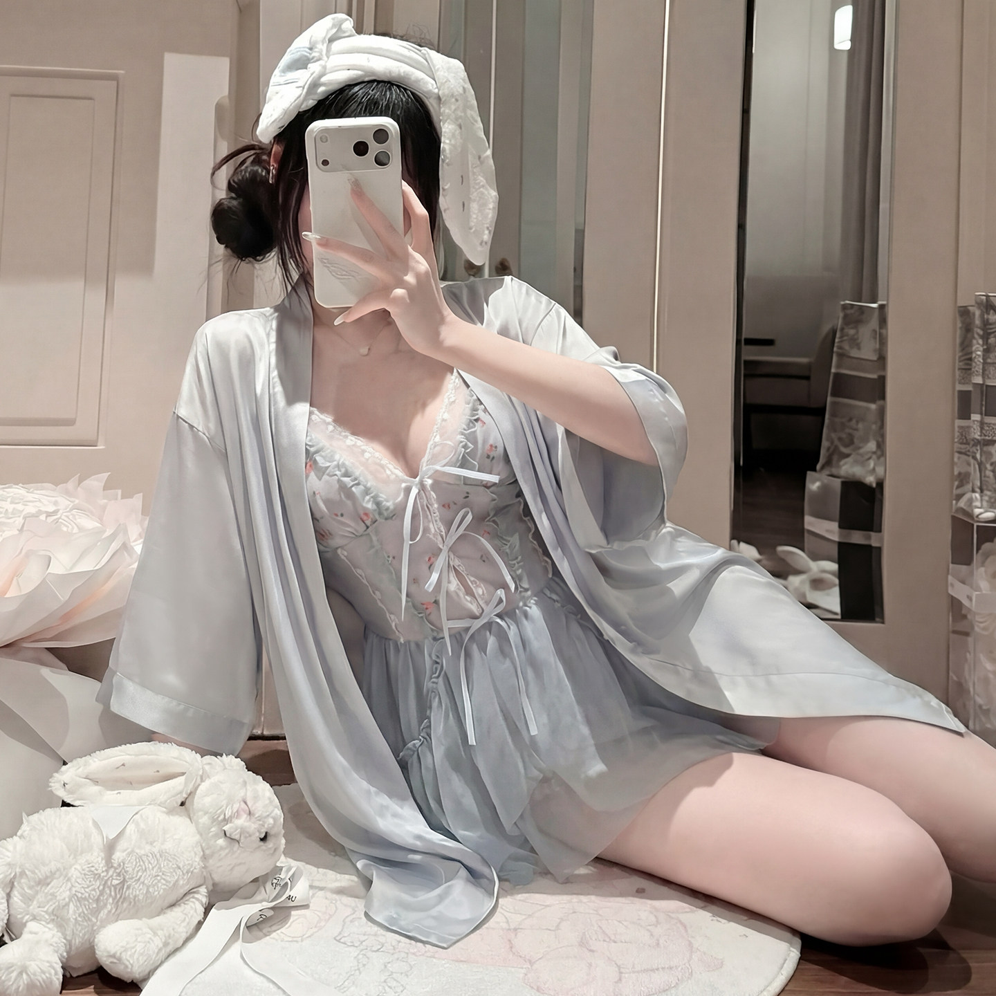 睡衣女纯欲雾蓝色冰丝蕾丝吊带胸垫睡袍两件套女士可外穿家居睡衣
