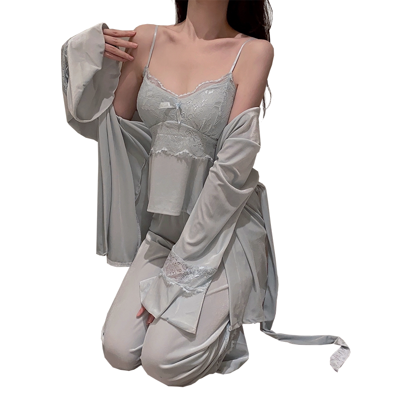 瑞梦朵女士金丝绒睡袍短吊长裤