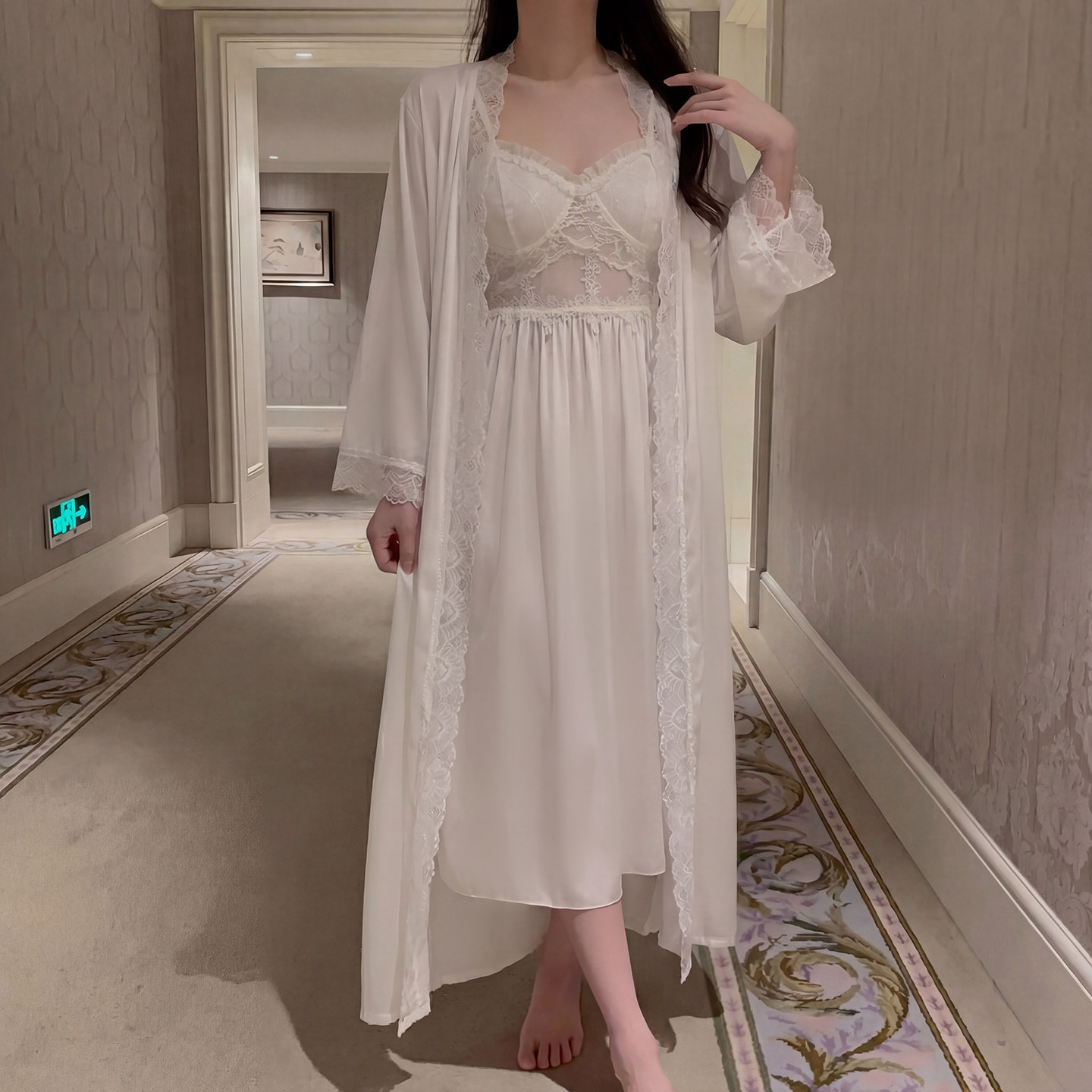 法式蕾丝吊带睡裙两件套女春夏季
