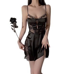 瑞梦朵黑色新款夏季睡裙女士缎面冰丝吊带胸垫睡衣镂空性感家居服